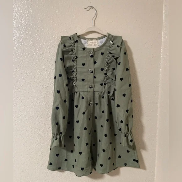 btween | Dresses | Girls Dress Olive Green With Black Hearts | Poshmark
